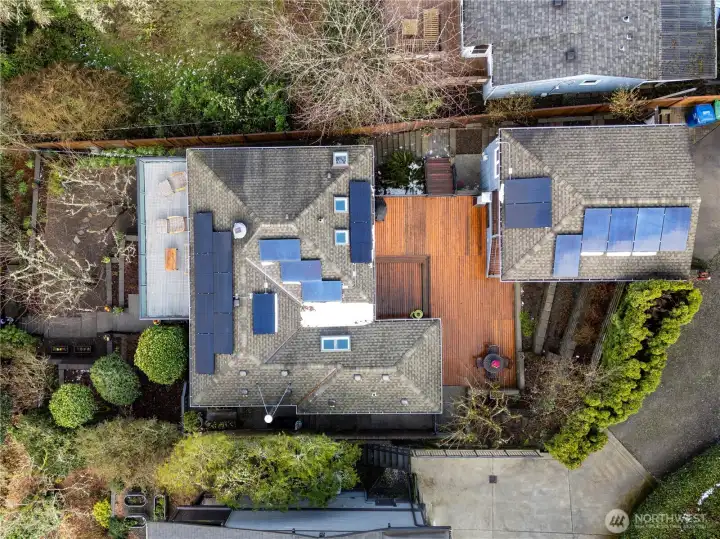 Aerial view of house and property.