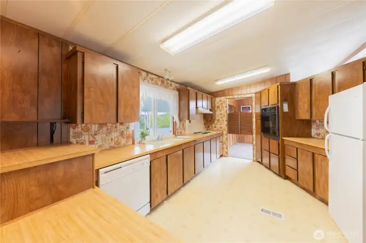 The large kitchen has plenty of storage and is centrally located.
