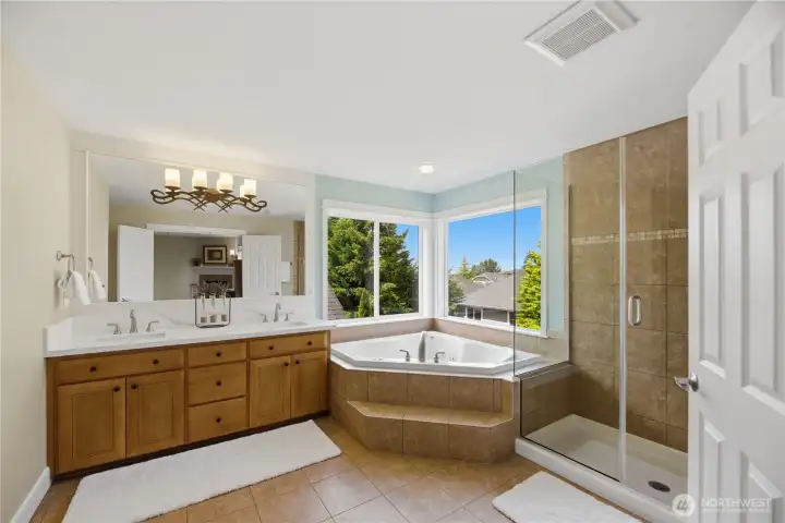 Luxurious primary bath with heated tile floors, jetted soaking tub, new quartz countertops, frameless glass shower, and under-cabinet lighting.
