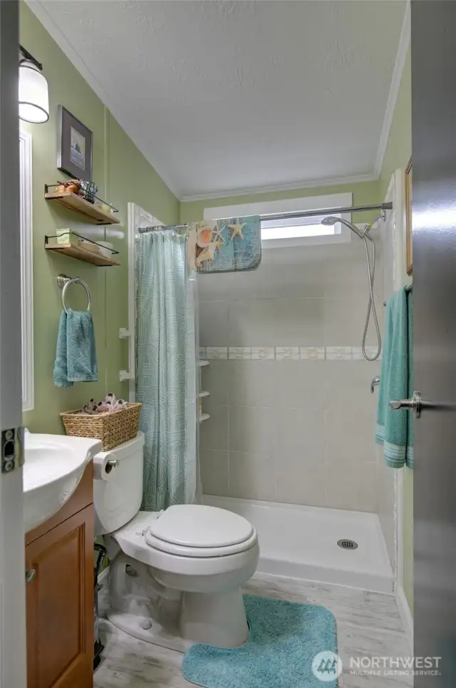 Then we look into the main bath, which also has a tiled, step-in shower.