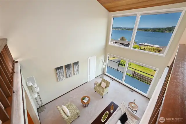 Panoramic lake, mountain, and territorial views from all three levels.