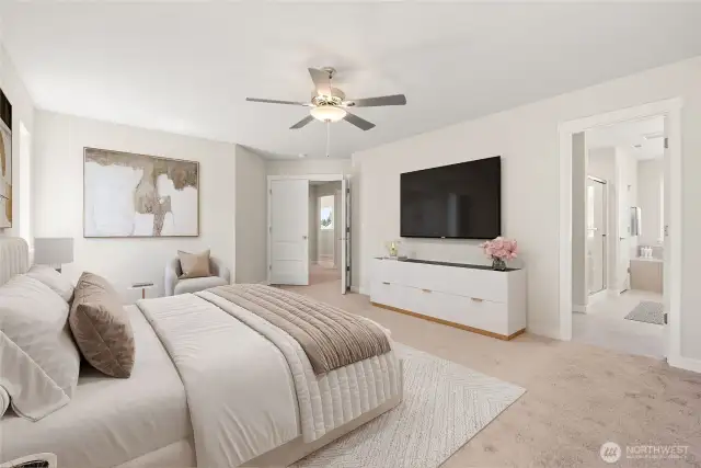 Virtually staged photo of primary bedroom highlighting ceiling fan and 5-piece bath