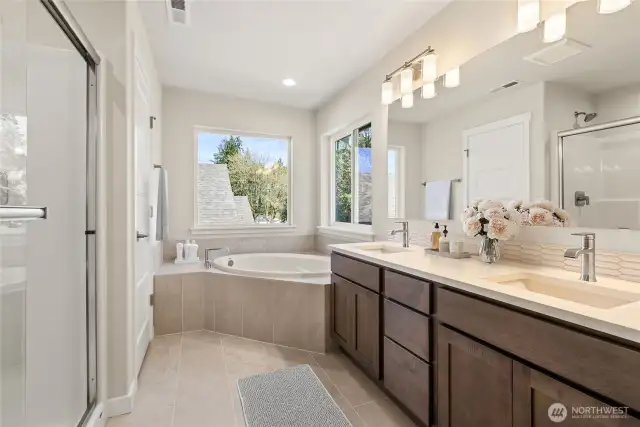 Virtually staged phot of primary bath, to show off this dreamy primary bathroom