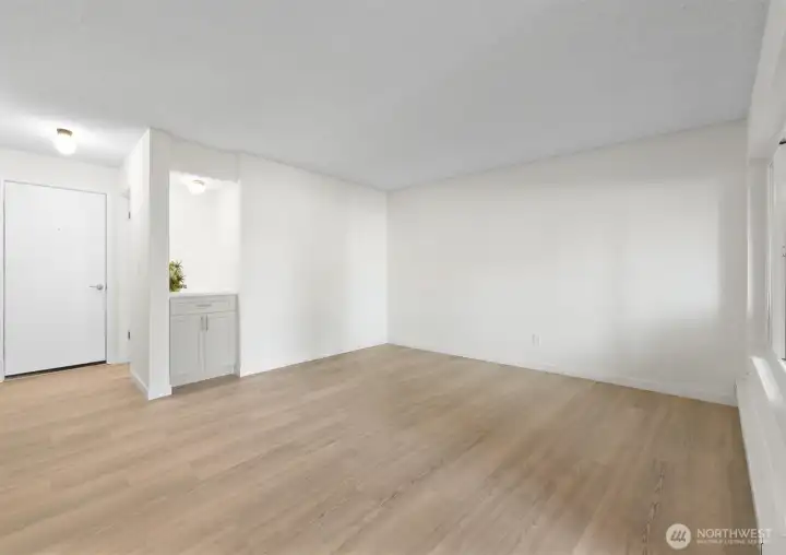 Living room and entry. New cabinet with quartz countertop, perfect for a coffee bar.