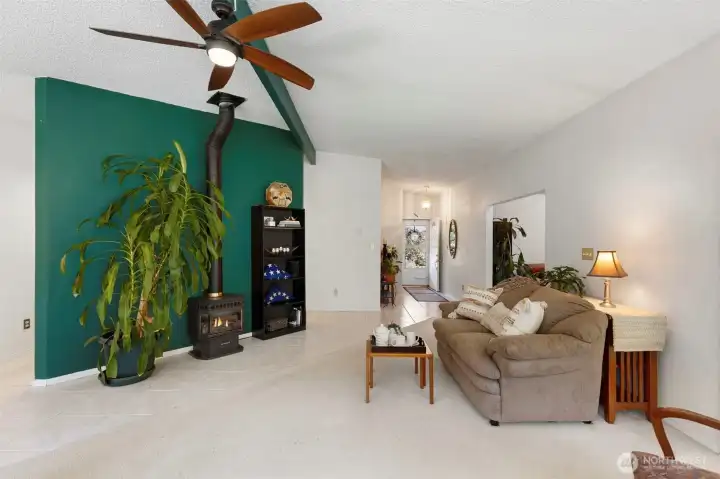 Cozy gas stove for winter and ceiling fan for summer!