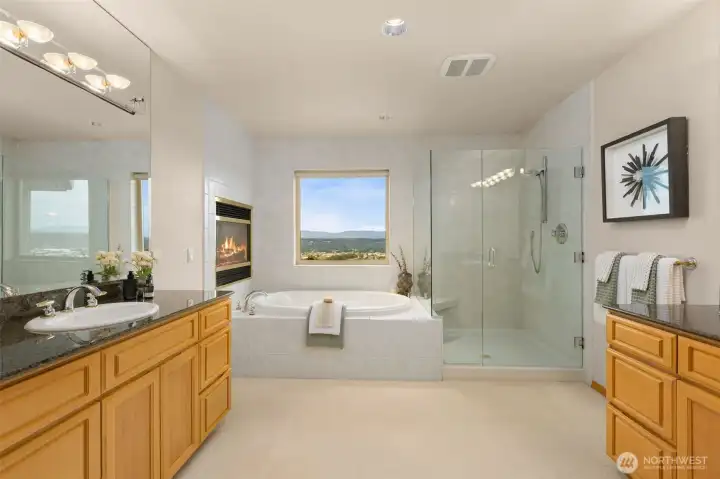 Luxurious 5-piece primary bath with gas fireplace