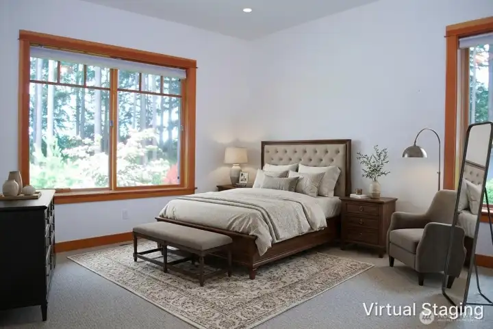 Same second bedroom virtually staged. It has its own entrance into the main bathroom. Could work as a second primary bedroom if need be. Same second bedroom virtually staged. It has its own entrance into the main bathroom. Could work as a second primary bedroom if need be.