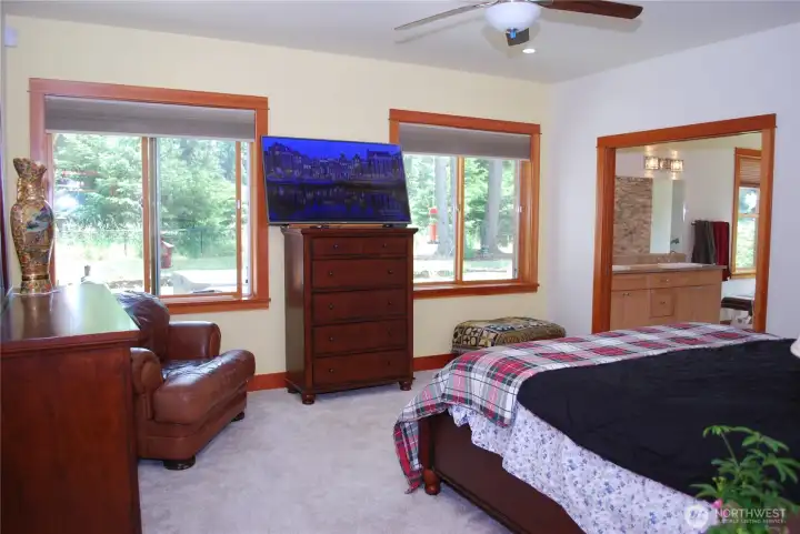 Large Primary suite with ceiling fan and generous sized bath. Two sinks with granite counter tops, separate toilet closet, big walk in closet, and a spa like granite and stone double headed shower. Large Primary suite with ceiling fan and generous sized bath. Two sinks with granite counter tops, separate toilet closet, big walk in closet, and a spa like granite and stone double headed shower.