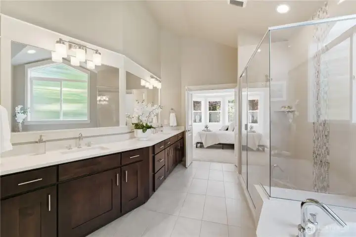 A spacious vanity that easily accommodates the most discerning morning routines