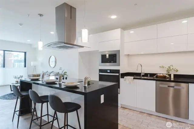 Waterfall island quartz countertops