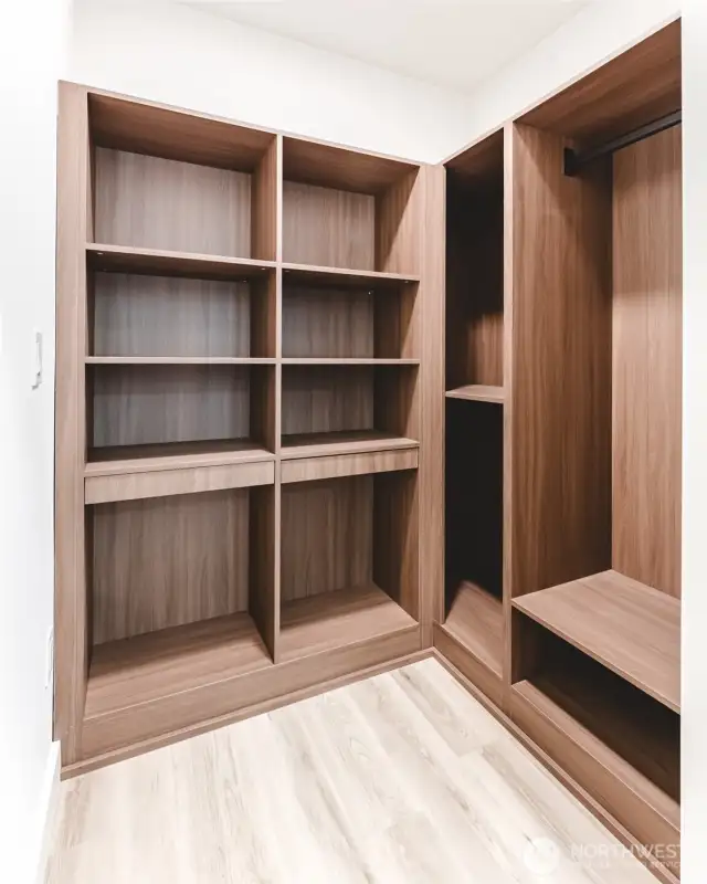 Walk-in closets, with built in closet orgaziners.