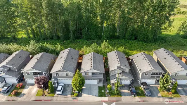Beautiful tall trees lining the back of the property create a stunning natural backdrop.