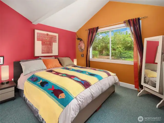 Primary bedroom with big west-facing window and generous walk-in closet. Again, the vaulted ceilings make for a spacious and airy feel.