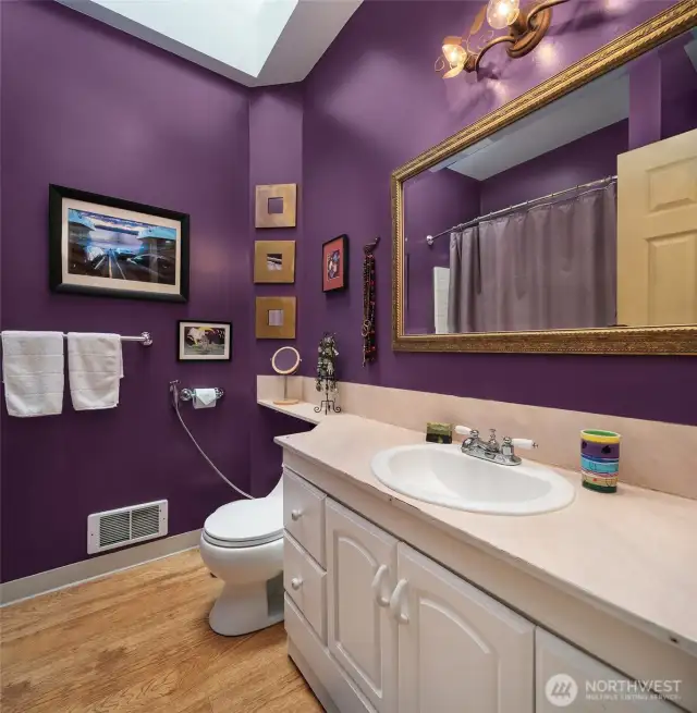 Fun full bath with lots of counter space and skylight.