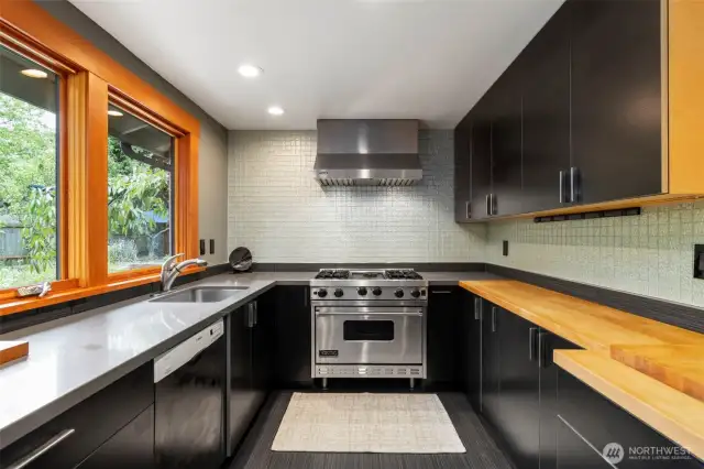36" Viking propane range with engineered quartz countertops