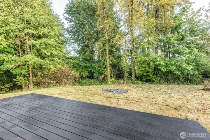 Back deck overlooks the fire pit and the woods!