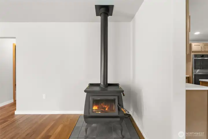 Blaze King wood stove just inside front door