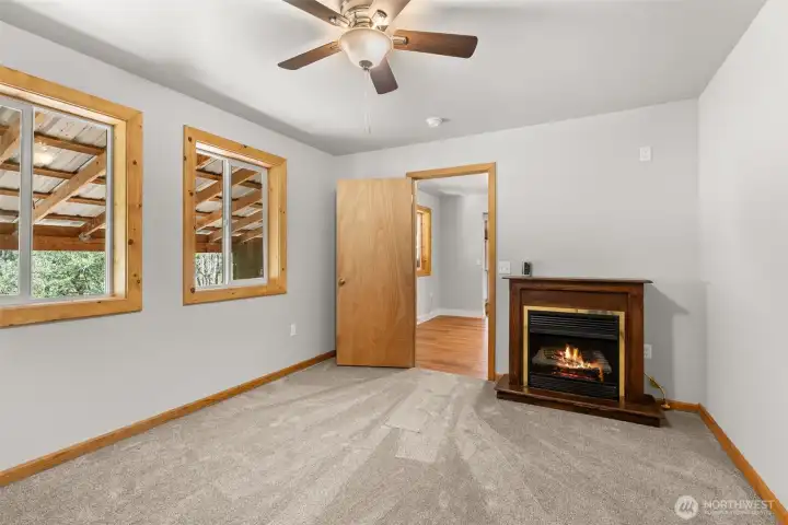 Primary bedroom with propane fireplace