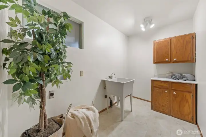 The utility room is located near the garage on the lower level. Spacious storage to keep household goods in one place!