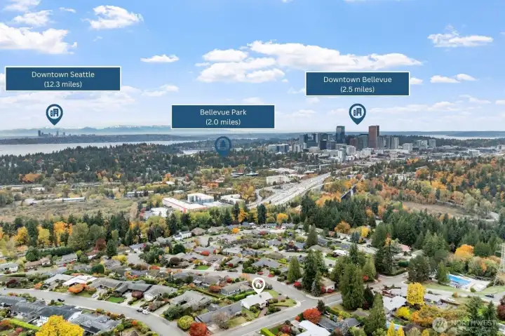 Located just 2.5 miles from Downtown Bellevue, this home offers quick access to shopping, dining, and business hubs. Downtown Seattle is also within reach at 12.3 miles, making it a convenient spot for commuters.