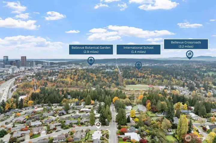 Surrounded by nature and education, this home is just 2.9 miles from Bellevue Botanical Garden and 1.4 miles from the Intentional School. Bellevue Crossroads, a major shopping and entertainment center, is a short 3.2-mile drive.