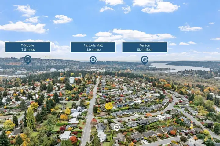 Enjoy nearby amenities with T-Mobile headquarters and Factoria Mall both under 2 miles away. Renton is also easily accessible at just 8.4 miles, offering additional shopping, dining, and recreational options.