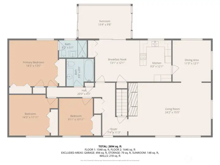 The main level offers three bedrooms, including the primary suite with an updated bath, along with a second full bathroom. Common areas include a large living room, formal dining room, sunroom, and kitchen with an adjacent breakfast nook for casual dining.