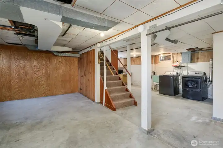 Lower level unfinished basement and laundry.