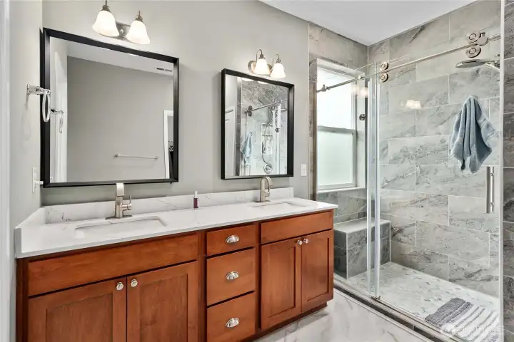 Newly renovated bathroom with tile shower