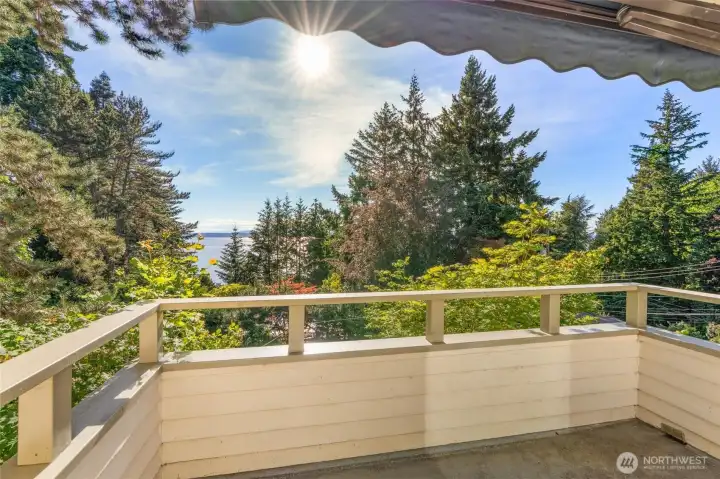 The view deck off the living room — shaded by a retractable awning — perfectly captures this home's defining spirit: a treehouse-like sanctuary where a canopy of lush greenery frames sweeping views of Puget Sound.