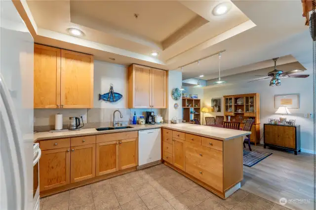 View from the kitchen to the dining room.