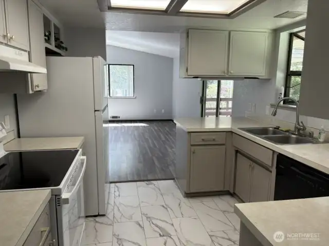 Kitchen open to large family room.
