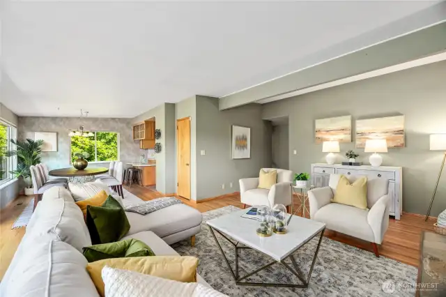 Another look from Living Room toward Dining Room and Kitchen bar.