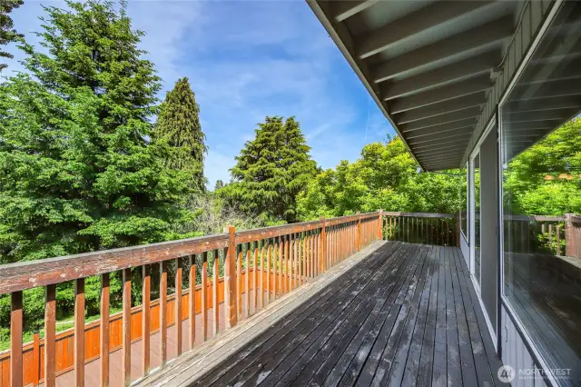 Exterior deck above pool with access to dining and living rooms/main floor.
