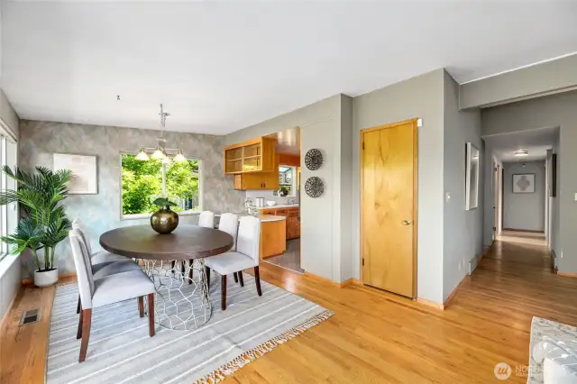 Hardwood floors on the main floor with dining room and living room off the kitchen. Three bedrooms, one full bath in the hallway and 3/4 bath located in the primary bedroom.