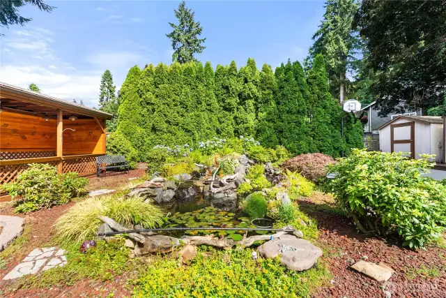 The sound of tranquil waterfall feature including Koi, goldfish, and blown glass yard art.