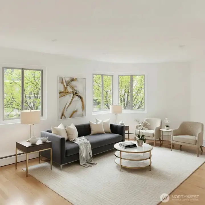 Virtual staged living room option with hardwood.