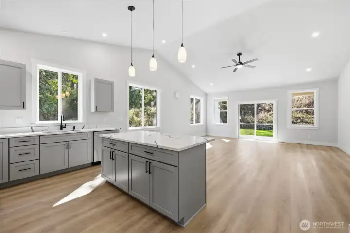 Past the entry to the great room.  Vaulted ceiling, counter tops are Quartz, cabinetry is custom and plywood.