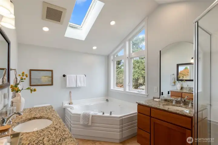 5 piece primary bathroom with vaulted ceilings, skylights and soaking tub.