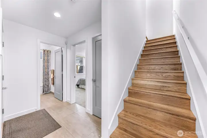 Lower level entry with stairs leading to main floor.