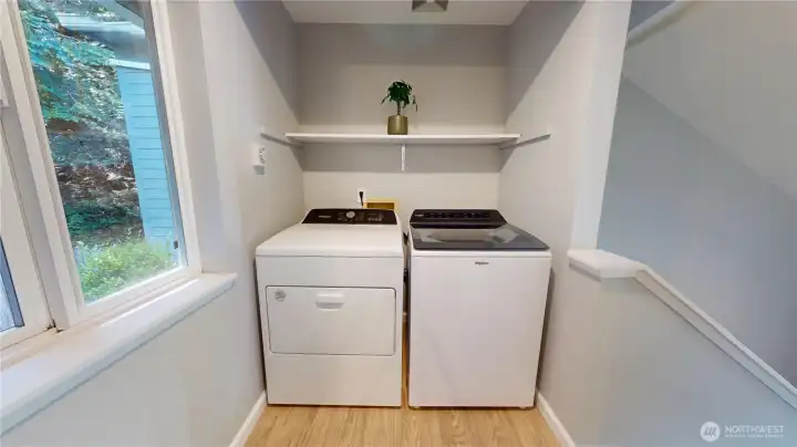 Find a utility closet on the upper level complete with storage shelves. Find a utility closet on the upper level complete with storage shelves.