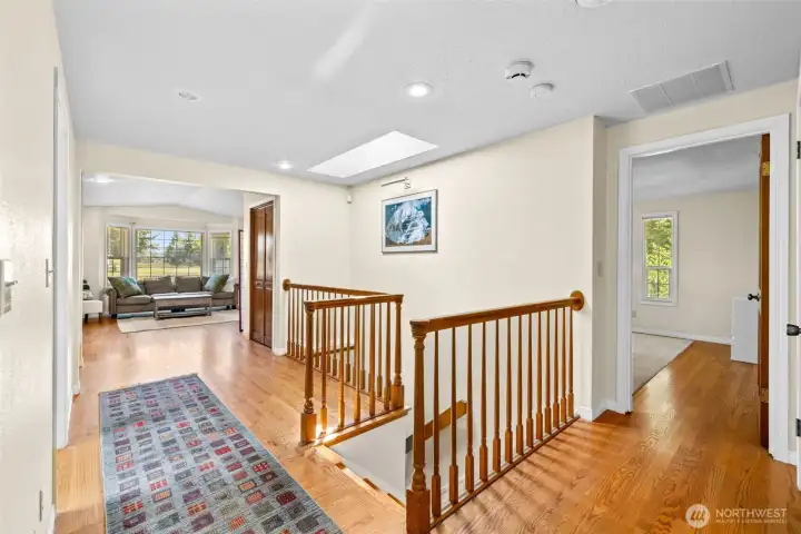 Main floor landing. Sitting room in the background and primary to the right of the stairwell