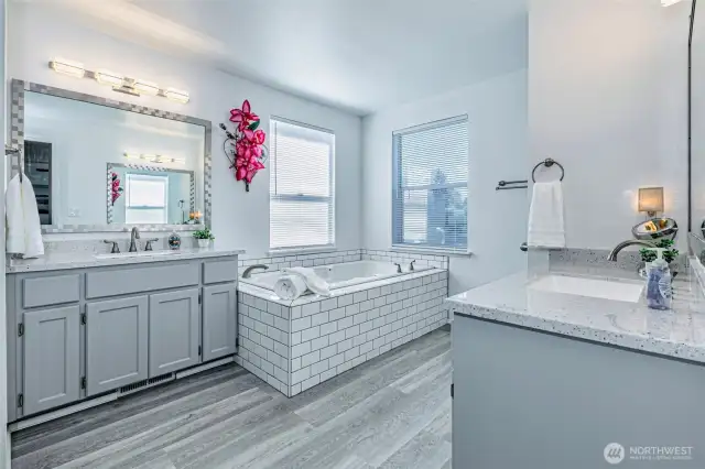 Master bathroom suite is remodeled and peaceful.