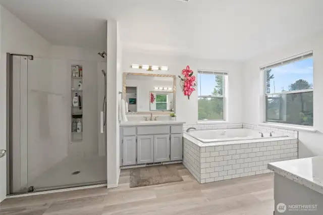 Master bath with a great view out the windows.