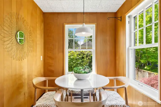 Morning coffee can be enjoyed in the eat-in kitchen.