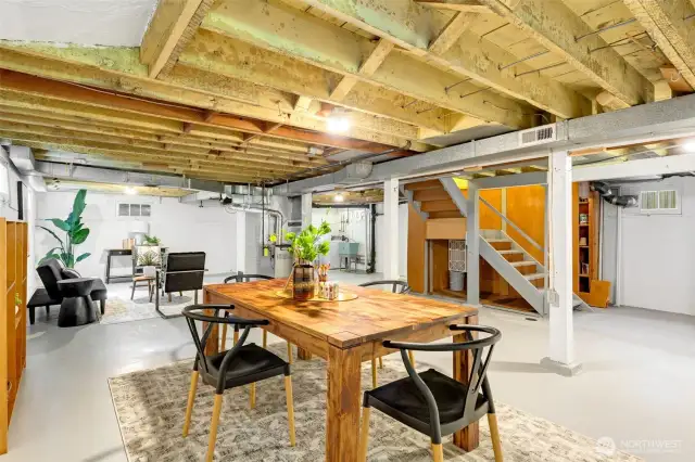 Basement has multiple storage areas, laundry and access to the back yard.