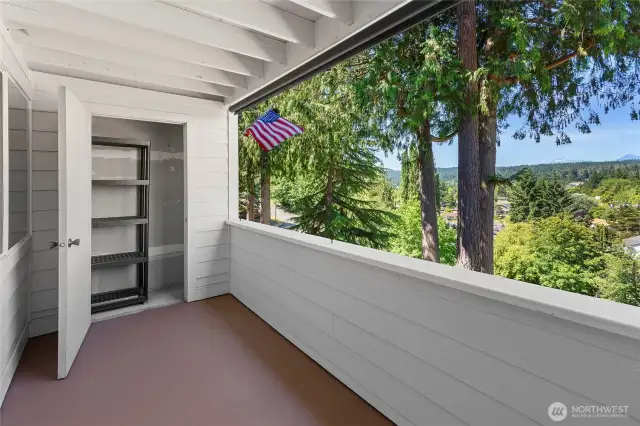 Large West facing Deck (with Solar shades for use when needed.  Note also the storage closet at the South end of the deck.