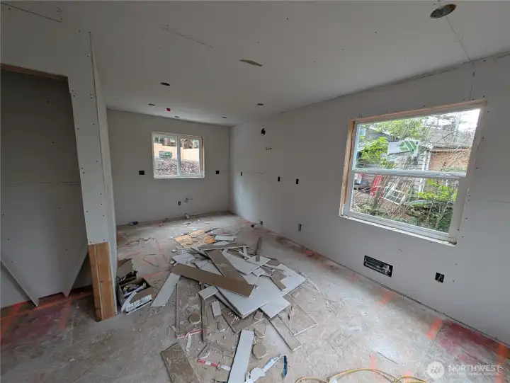 Second floor, kitchen and living