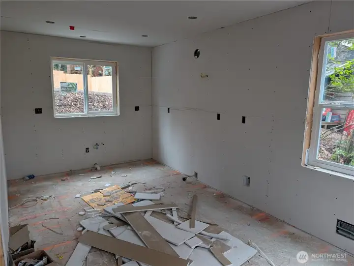 Second floor, kitchen and living