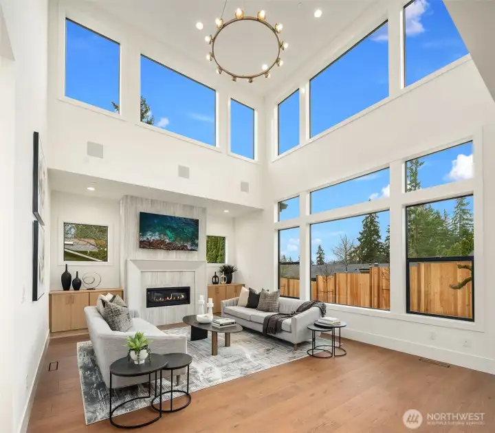 Two story great room that overlooks the private backyard